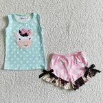 SALE GSSO0088 Summer Cow Blue Dots Sleeveless Girl's Shorts Set
