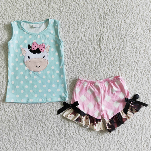 SALE GSSO0088 Summer Cow Blue Dots Sleeveless Girl's Shorts Set