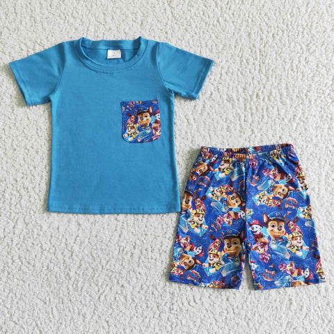 SALE BSSO0059 Summer Blue Cartoon With Pocket Boy's Shorts Set