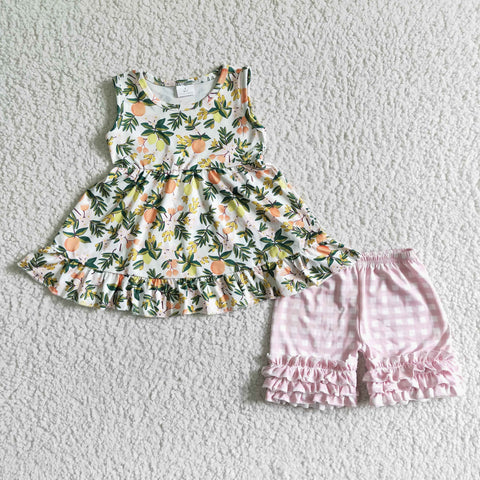 GSSO0076 Summer Fruit Lemon Pink Plaid Cute Girl's Shorts Set