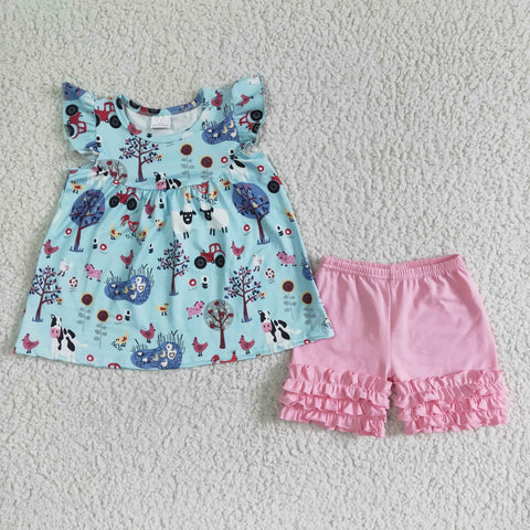 SALE A10-14 Summer Farm Chickens Blue Pink Shorts Girl's Set