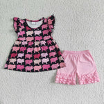 Black shirt with rose and pink pigs pure pink Girl's shorts