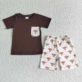 SALE BSSO0032 Summer Brown Cow With Pocket Boy's Shorts Set