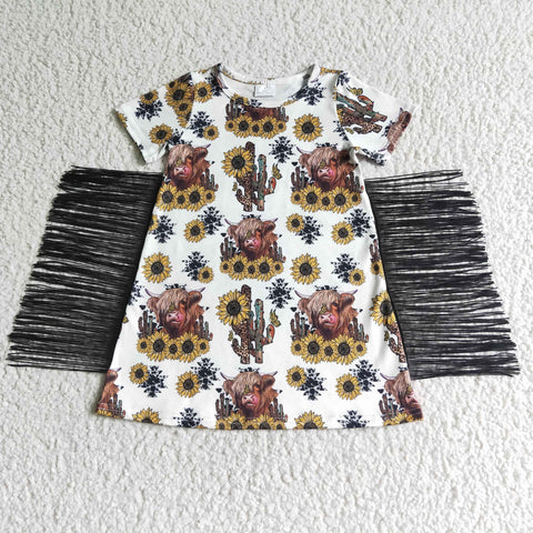 SALE GSD0084 Fashion Western Sunflower Cactus With Tassel Girl's Dress