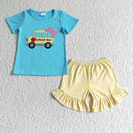 GSSO0093 Back To School Bus Yellow Blue Girl's Shorts Set