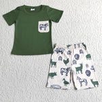 BSSO0046 New Animal Cow Pig Horse Green Boy's Shorts Set