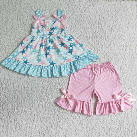 Summer Pink Blue Starfish With Bow Girl's Shorts Set