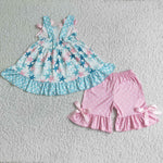 Summer Pink Blue Starfish With Bow Girl's Shorts Set