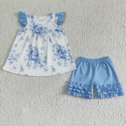 A14-9 Summer Blue Flower Girl's Shorts Set