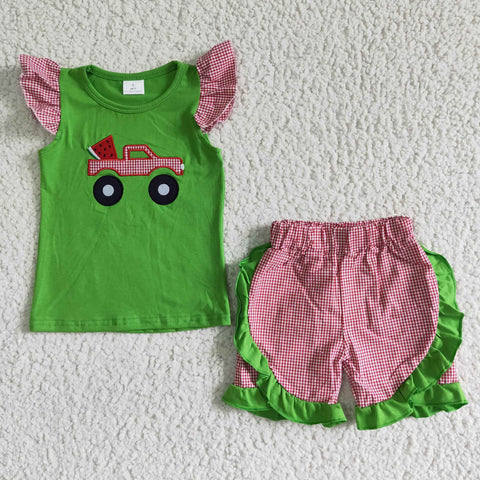 Embroidery Watermelon Car Green Red Girl's Shorts Set