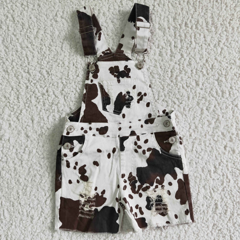 Fashion Summer Brown Cow Ripped Denim Overalls