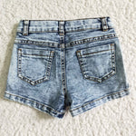 SS0011 Summer Kids Fashion Washed Blue Ruffles Denim Girl's Shorts
