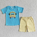 BSSO0055 Summer Back To School School Bus Blue Yellow Plaid Boy's Shorts Set
