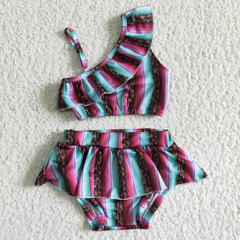 S0022 Girl‘s Summer Serape Stripe Leopard Swimsuit