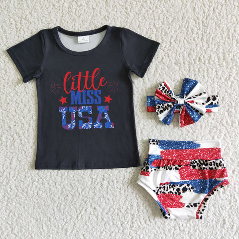 NC0007 Little Miss USA Black With Bow Baby Bummie Girl's Set