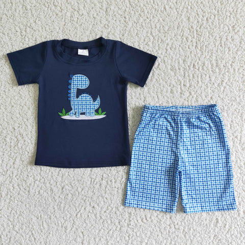 BSSO0005 New Embroidered Dinosaur Navy Blue Plaid Boy's Shorts Set
