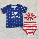 SALE GBO0039 I Love America Blue Star With Bow Baby Bummie Girl's Set