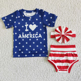 SALE GBO0039 I Love America Blue Star With Bow Baby Bummie Girl's Set