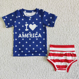 SALE GBO0039 I Love America Blue Star With Bow Baby Bummie Girl's Set