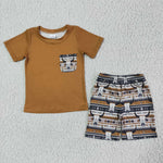 BSSO0073 Summer Western Cow Bull Stripe Boy's Shorts Set