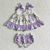 Summer Purple Flower With Bow Pocket Ruffles Girl's Shorts Set