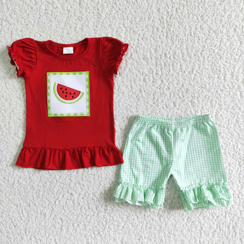 Summer Embroidery Watermelon Red Green Plaid Girl's Shorts Set