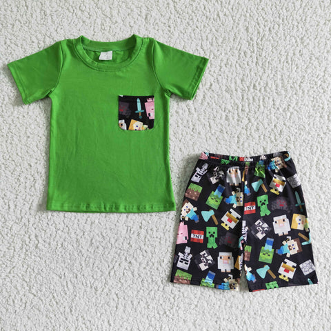 Summer Green Cartoon Boy's Shorts Set