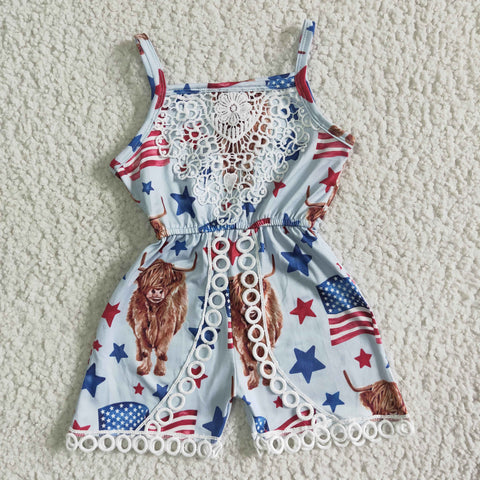 SR0053 Fashion National Day Cow Flag With Lace Girl's Shorts Jumpsuit