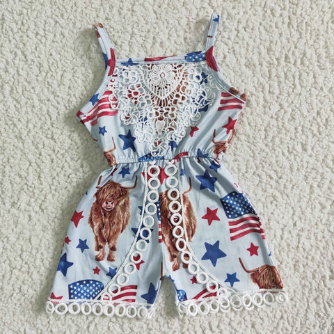 SALE SR0053 Fashion National Day Cow Flag With Lace Girl's Shorts Jumpsuit