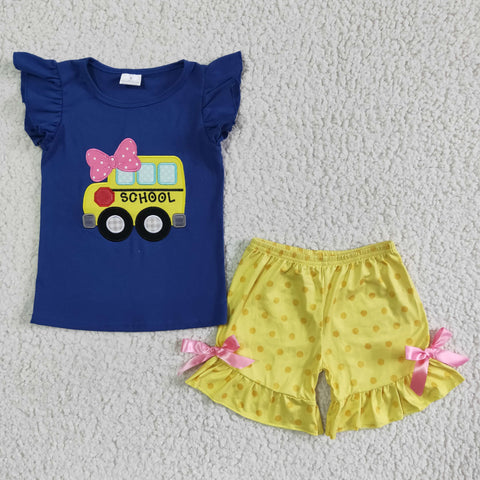 Back To School Embroidery Bus Yellow Dots Girl's Shorts Set