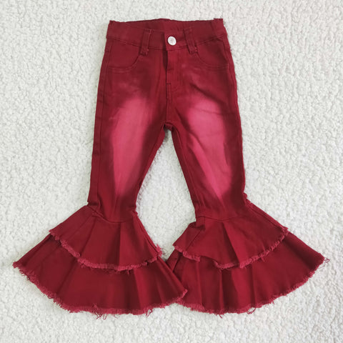 P0004 Fashion Bleach Red Jeans Denim Flared Pants Girl's Jeans
