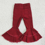 P0004 Fashion Bleach Red Jeans Denim Flared Pants Girl's Jeans