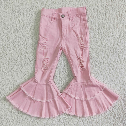 P0005 Fashion Hole Pink Jeans Denim Flared Pants Girl's Jeans