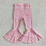 P0005 Fashion Hole Pink Jeans Denim Flared Pants Girl's Jeans