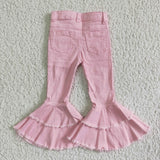 P0005 Fashion Hole Pink Jeans Denim Flared Pants Girl's Jeans