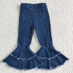 Fashion Bleach Blue Jeans Denim Flared Pants Girl's Jeans