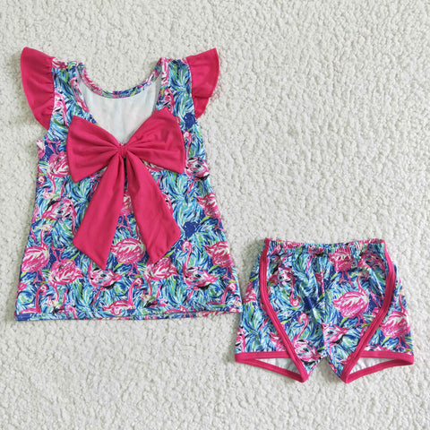 GSSO0100 Summer Flamingo Flower Colorful Big Bow Cute Girl's Shorts Set