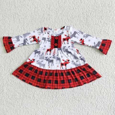 Christmas Girl's Deer Plaid Red Dress With Bottons