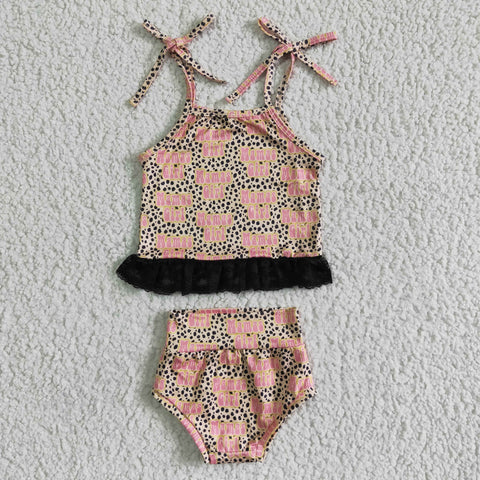 GBO0045 Summer Mamas Girl Leopard With Lace Cute Baby Bummie Girl's Set