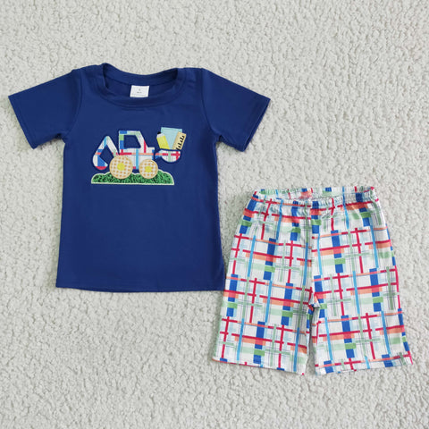 BSSO0051 Summer Embroidery Tractor Dark Blue Back To School Boy's Shorts Set