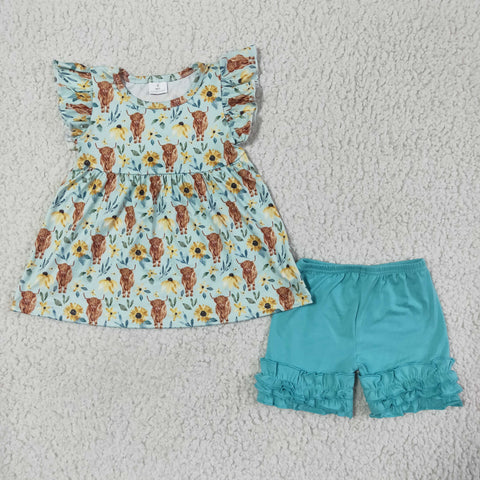 GSSO0106 Sunflower Cow Blue Girl's Shorts Set