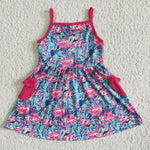 GSD0078 Summer Flamingo Flower Colorful With Pockets Cute Girl's Dress