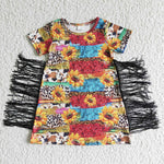 SALE GSD0057 Fashion Sunflower Leopard Splicing Cow With Tassel Girl's Dress