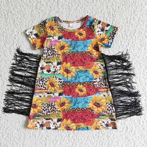 Fashion Sunflower Leopard Splicing Cow With Tassel Girl's Dress