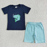 New Embroidered Fish Navy Blue Plaid Boy's Shorts Set