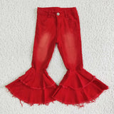 Fashion Bleach Red Jeans Denim Flared Pants Girl's Jeans