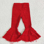 Fashion Bleach Red Jeans Denim Flared Pants Girl's Jeans