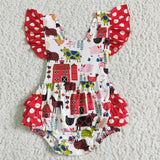 Summer Farm Pig Cow Cute Red Dots Girl's Romper