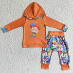 Boy's Hoodie Orange Cartoons glasses Print Long Pants Outfits