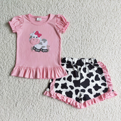GSSO0105 Summer Embroidery Cow Pink Girl's Shorts Set